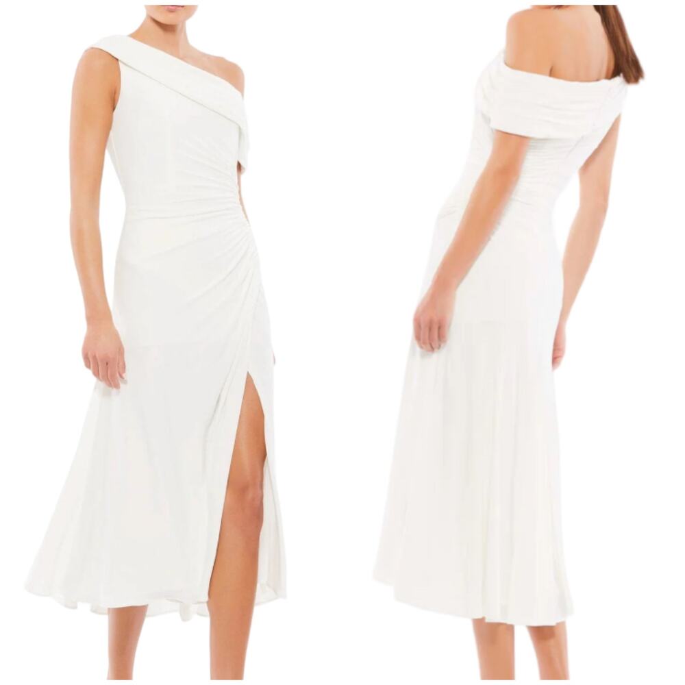 Mac Duggal Asymmetric One Shoulder Ruched Midi Dress Size 8 White Side Slit